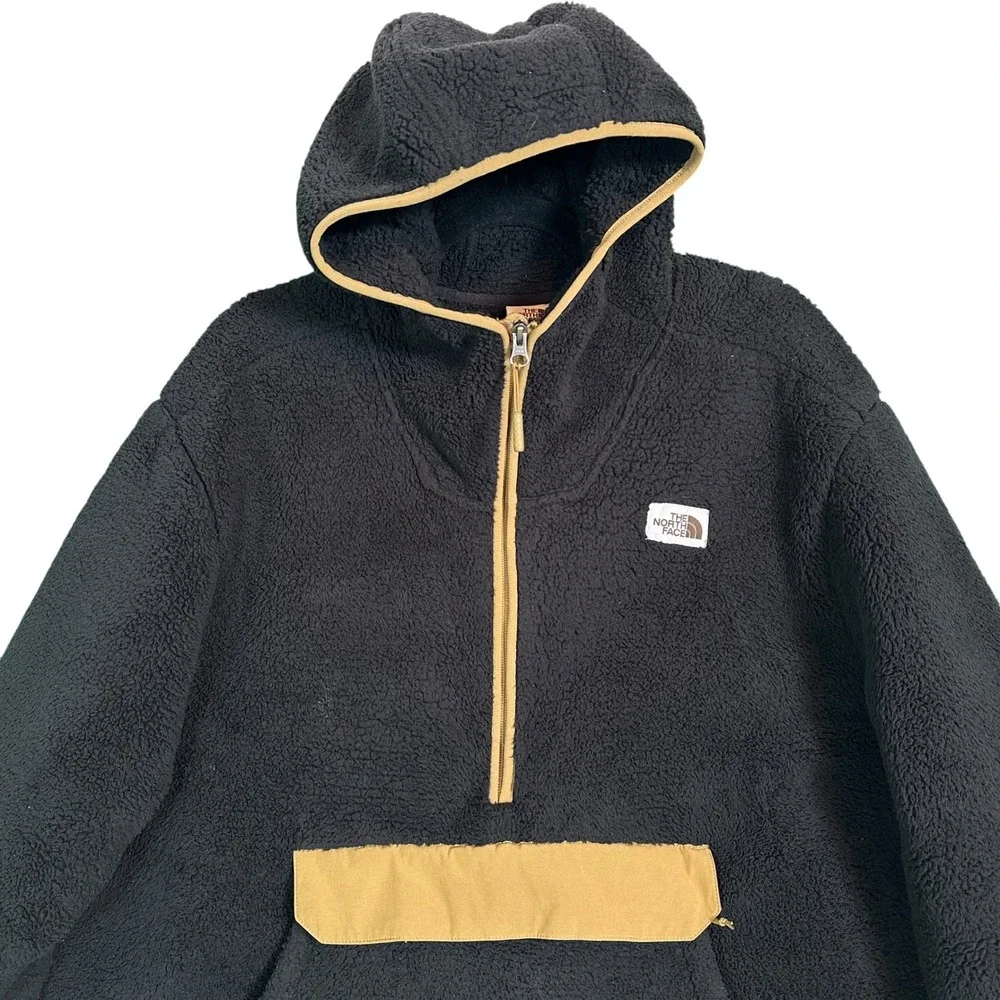 The North Face Campshire Hoodie XXL Sherpa Fleece Pullover Jacket Black Khaki